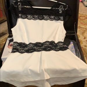 NWT white blouse with black lace trim
